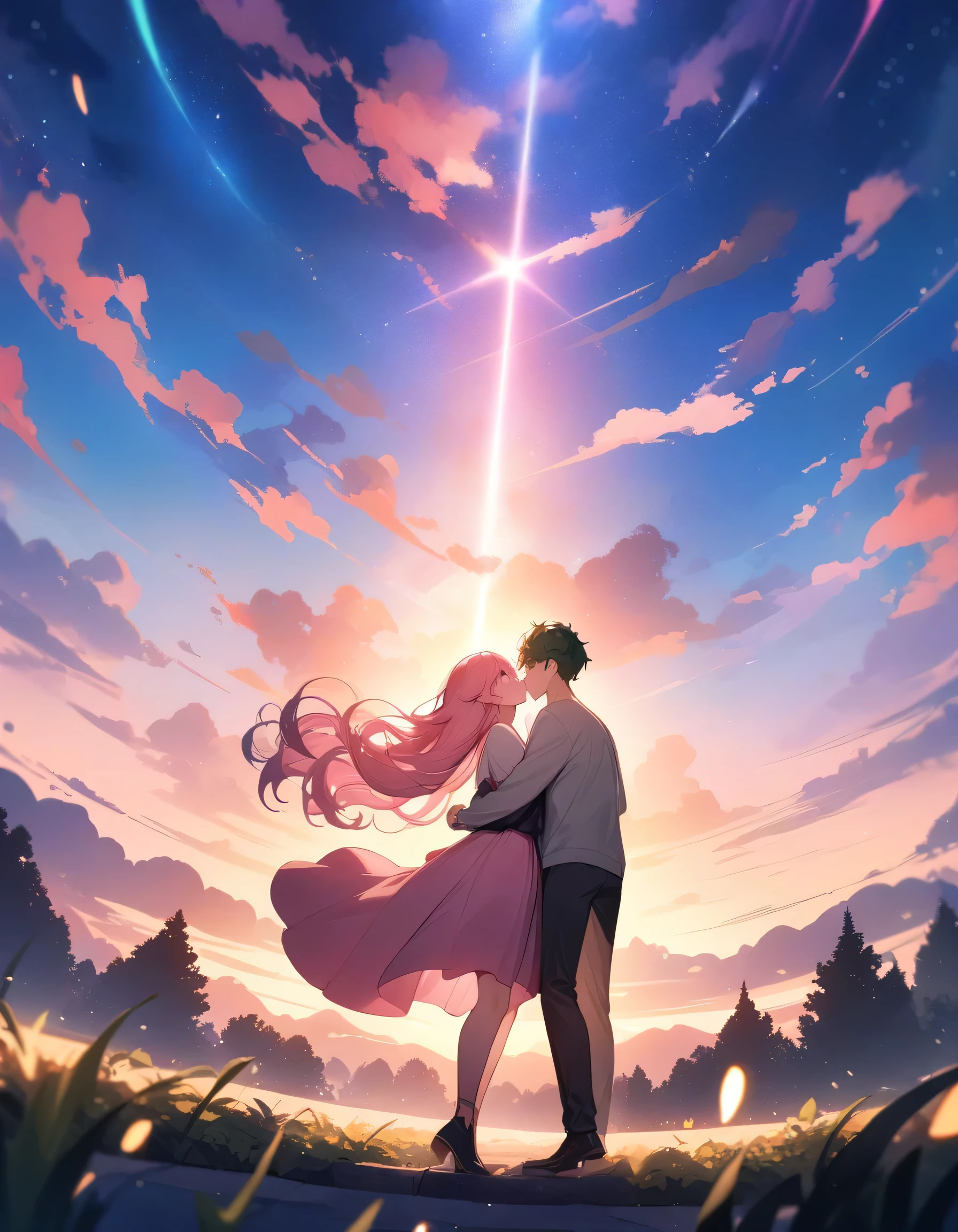 (couple), girl and boy, sky, embrace, happy expression, love, super wide angle, 1girl, (((masterpiece, best quality, scenery, aesthetic, heavenly))), ((girl with red eyes, vibrant pink long hair)), ((intimate)), 1boy, ((boy with green eyes, short black curly hair, slightly taller))