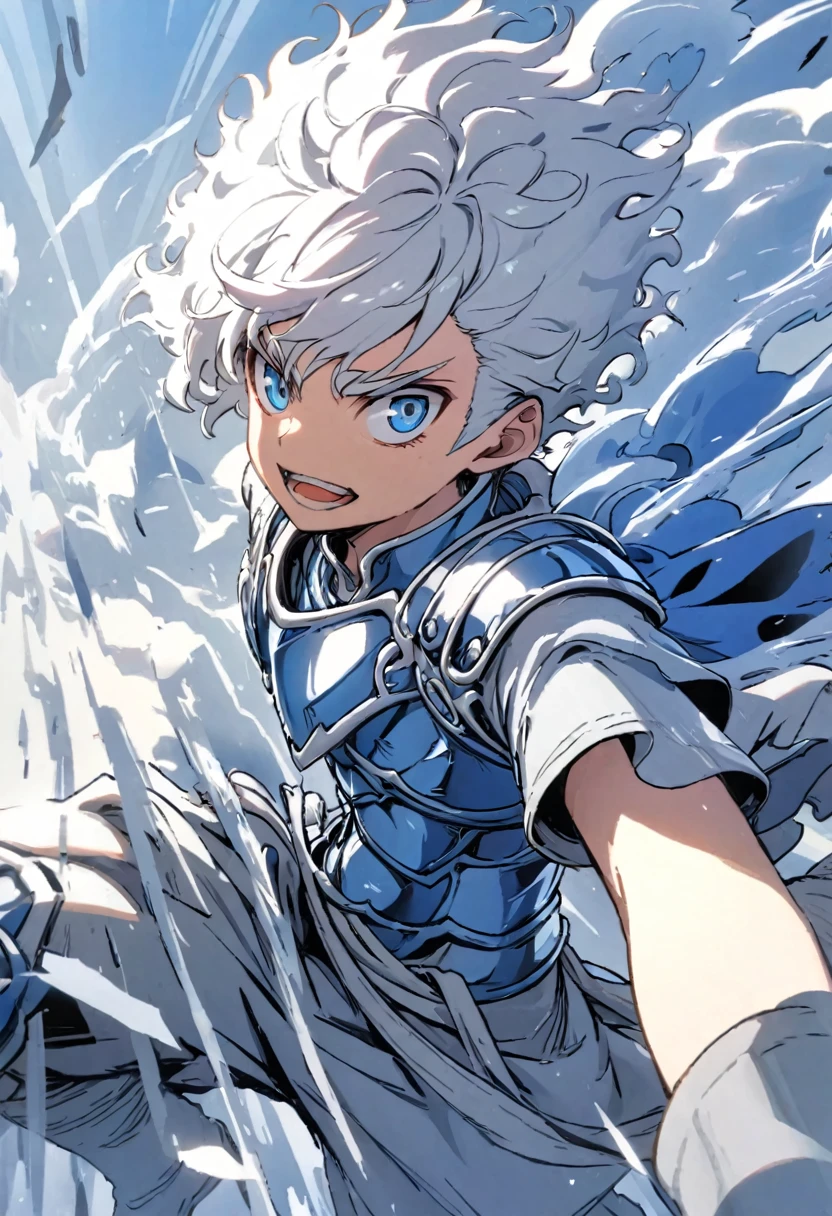 Young silver-haired man with blue eyes, wearing a strong sky blue armor, with silver boots, with an electric shadow of silver, blue rays behind him