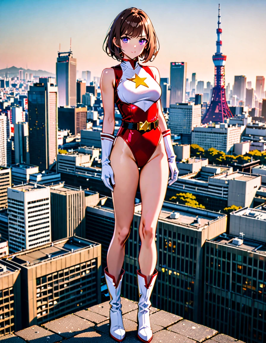 (masterpiece), (best quality), (high res), medium breasts, ((leotard, white and red leotard, matching leotard, sleeveless, bare legs)), ((tight belt, gold belt)), ((boots, matching boots, ankle-high boots, white boots)), ((gloves, white gloves)), city backdrop, tokyo city backdrop, solo, solo focus, standing, (full body), cowboy shot, superhero, ((beautiful detailed eyes)), ((gold star symbol on chest)), (brown hair, medium hair, bob hair, purple eyes), (perfect hands, perfect anatomy), cowboy shot, superhero, ((beautiful detailed eyes)), full body costume design.