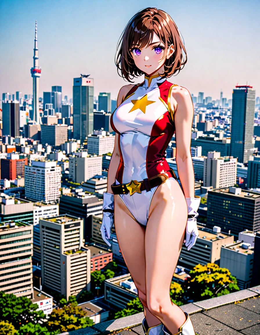 (masterpiece), (best quality), (high res), medium breasts, ((leotard, white and red leotard, matching leotard, sleeveless, bare legs)), ((tight belt, gold belt)), ((boots, matching boots, ankle-high boots, white boots)), ((gloves, white gloves)), city backdrop, tokyo city backdrop, solo, solo focus, standing, (full body), cowboy shot, superhero, ((beautiful detailed eyes)), ((gold star symbol on chest)), (brown hair, medium hair, bob hair, purple eyes), (perfect hands, perfect anatomy), cowboy shot, superhero, ((beautiful detailed eyes)), full body costume design.