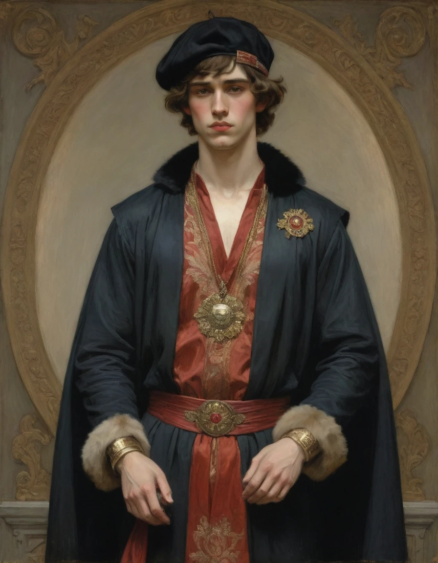 Design me a {{Colossal Masterpiece, high detail}}, a ((((full body portrait, male focus)))), ((by John William Waterhouse)), (by J. C. Leyendecker), the composition is: (((a very young male nobleman, sullen, facing viewer. He is wearing a fur hat. He is wearing a black Mughal caftan with Praetorian elements, sashes, medals, red diamond pendants)))