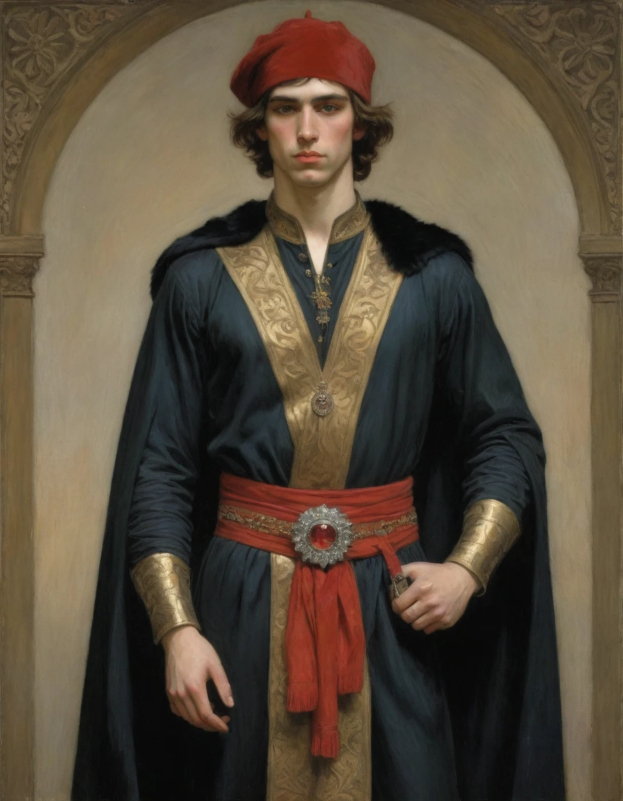 Design me a {{Colossal Masterpiece, high detail}}, a ((((full body portrait, male focus)))), ((by John William Waterhouse)), (by J. C. Leyendecker), the composition is: (((a very young male nobleman, sullen, facing viewer. He is wearing a fur hat. He is wearing a black Mughal caftan with Praetorian elements, sashes, medals, red diamond pendants)))