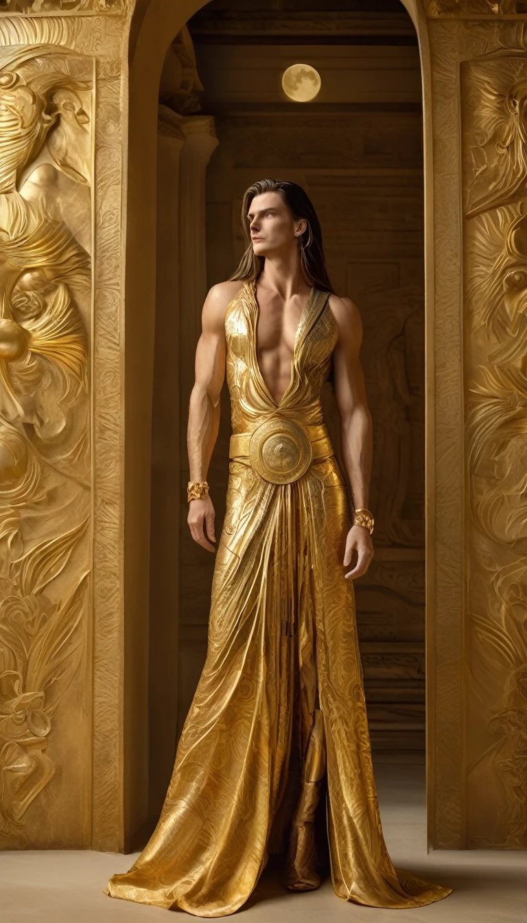 golden statue, sexy man, high, with long, straight hair, golden skin,  gold jewelry, moon and full moon patterns on clothes, bare to the waist long floor-length skirt, in the building of the sand palace