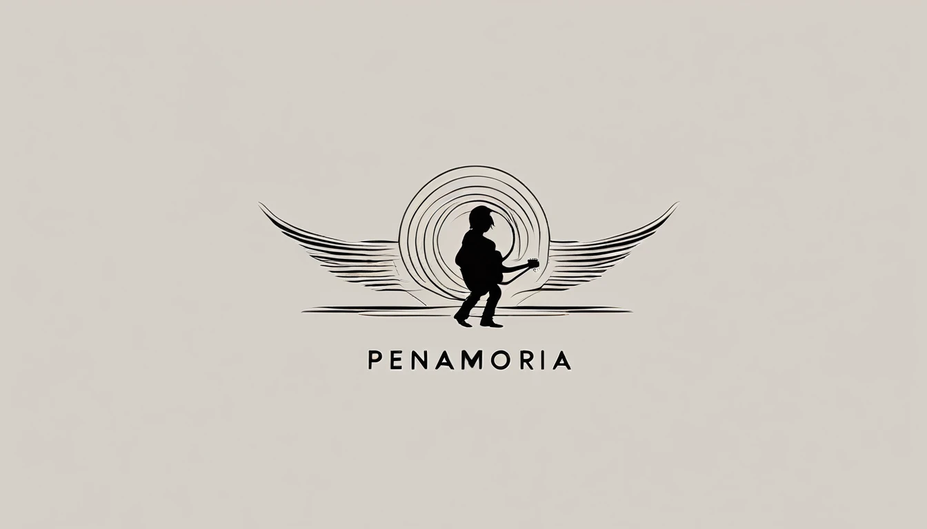 A minimal, modern, simple, cinematic logotype for the brand “Penamemoria". The logotype must be a simple, magical feather and a boy playing acoustic guitar. The logo must convey a sense of music, stories and dreams. Logo design impressed on a book cover. Minimalistic logo