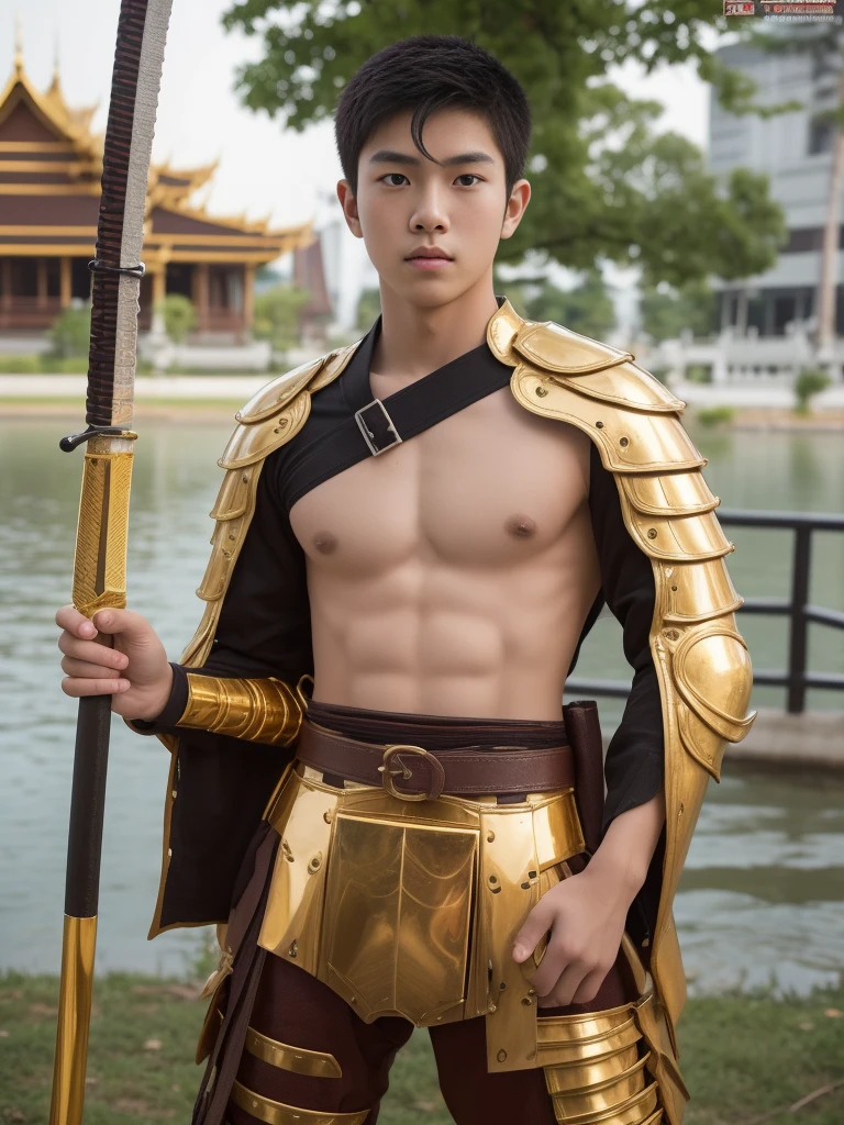 Teenage American-japanese boy 18 years old, young warriors , skinny fat body ,sexy armour, shirtless, gold belt,Tanga underwear nude style, carry katana sword on back standing in Sanam Luang Bangkok,