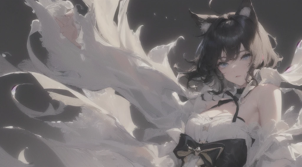 ((beste Quality))、((A masterpie))、((ultra-definition))、(illutst)、(Fine light)、(Extremely delicate and beautiful)、(((solo)))、(((a beautifulchi girl) )))、((best quality, high_resolution, distinct_image)),(Black hair), (black cat ears), (ahoge), (absurdly short hair), (wavy hair), (blue eyes),Fashionable background、