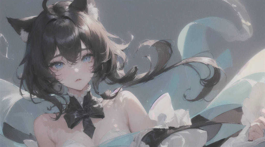 ((beste Quality))、((A masterpie))、((ultra-definition))、(illutst)、(Fine light)、(Extremely delicate and beautiful)、(((solo)))、(((a beautifulchi girl) )))、((best quality, high_resolution, distinct_image)),(Black hair), (black cat ears), (ahoge), (absurdly short hair), (wavy hair), (blue eyes),Fashionable background、