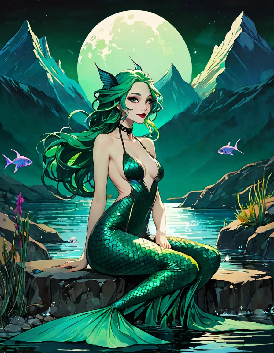 green hair, She is a mermaid with a long tail of fish and very beautiful, she is sitting cheerful and quiet, in the lake with an enclosed mountain, low and bright Darksynth aesthetic, minimalist background, gothic makeup, weird fashion photography, ultra detailed, masterpiece. night, God, full body, Decorative panels, Abstract artistic, Alphonse Mucha (tmasterpiece, Best quality, A high resolution: 1.4), A detailed, Complicated details,(art inspired by Bill Sienkiewicz) oil painting, details of brush strokes that enhance depth)