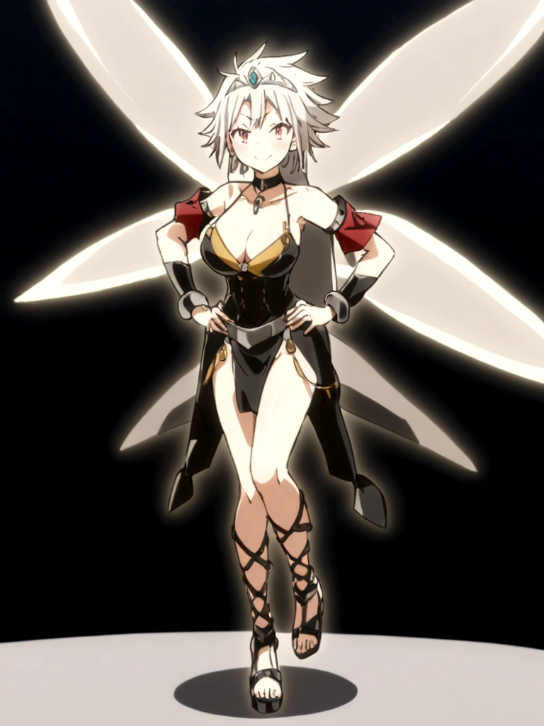 ((BLACK BACKGROUND,1:2, masterpiece)), full body MILF BIMBO standing with two long thighs and two metal sandals, red eyes, silver white hair, short bob style hair, big breasts, cleavage, separate sleeves, tiara royal, long cape up to two feet, yellow bikini, hands on waist, navel, lustful smirking smiling, smile face (red blushed, red cheeks), metal shoulders, gold sleeveless armbands, black leather choker slave collar, shackle bracelets, sex slave red crest, pauldrons, breastplate, corset, eye focus, full body, whole body. 1solo . slave fighter, loincloth standing, hands on hips, metal sandals, backpack, choker, big belt, view from below, feet together, bracers, tiara)