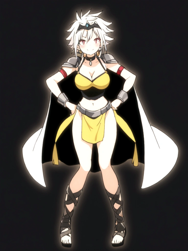 ((BLACK BACKGROUND,1:2, masterpiece)), full body MILF BIMBO standing with two long thighs and two metal sandals, red eyes, silver white hair, short bob style hair, big breasts, cleavage, separate sleeves, tiara royal, long cape up to two feet, yellow bikini, hands on waist, navel, lustful smirking smiling, smile face (red blushed, red cheeks), metal shoulders, gold sleeveless armbands, black leather choker slave collar, shackle bracelets, sex slave red crest, pauldrons, breastplate, corset, eye focus, full body, whole body. 1solo . slave fighter, loincloth standing, hands on hips, metal sandals, backpack, choker, big belt, view from below, feet together, bracers, tiara)