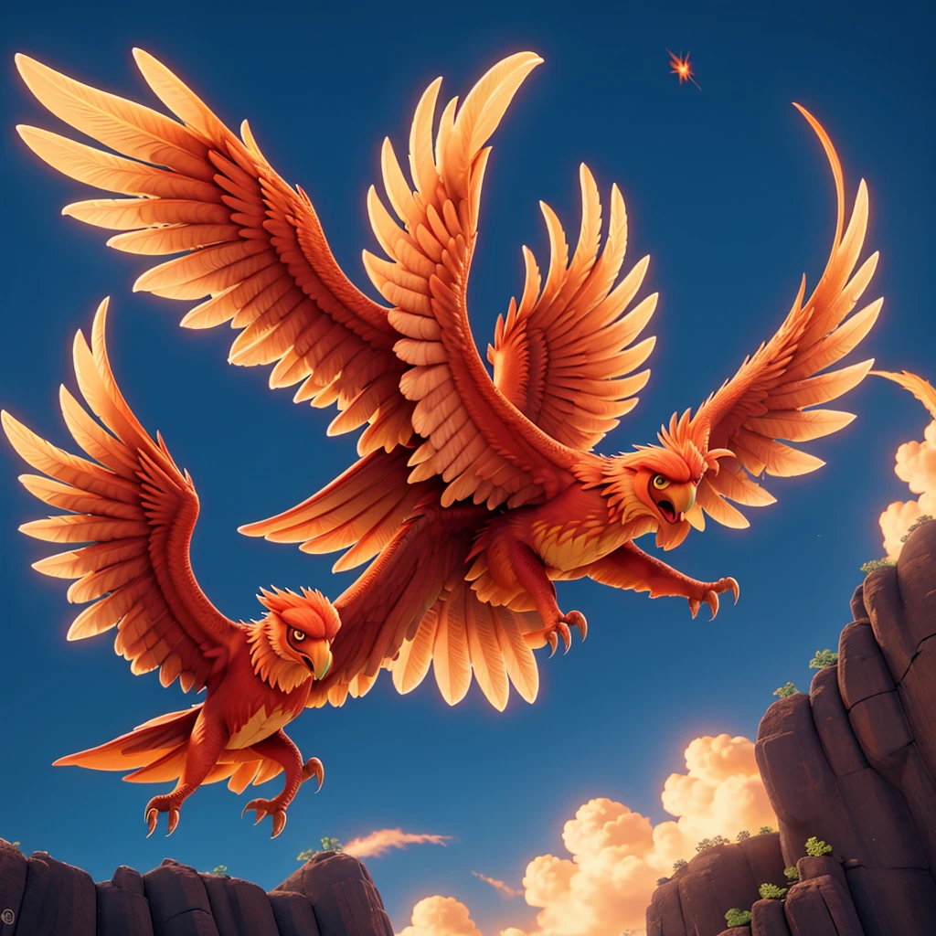 A majestic phoenix in flight, com penas vibrantes. Phoenix flames must radiate energy and determination.
