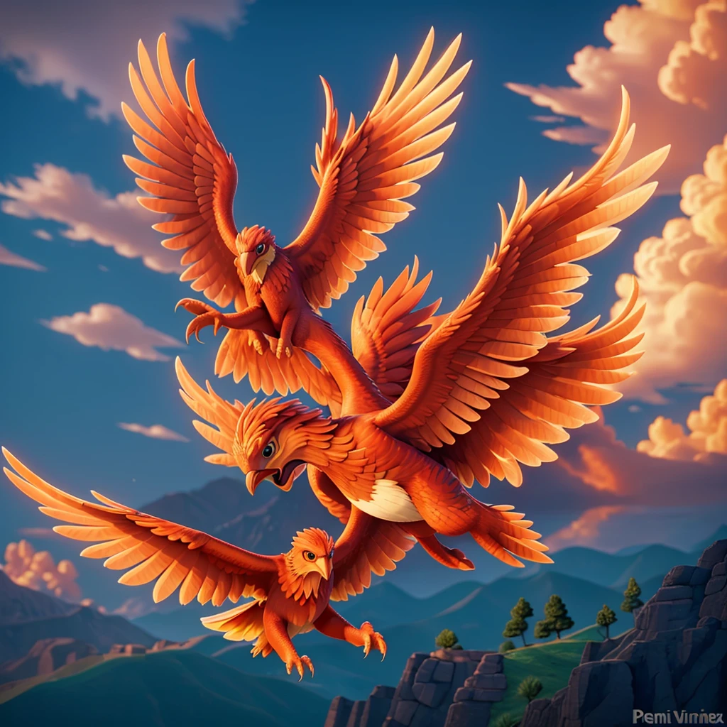 A majestic phoenix in flight, com penas vibrantes. Phoenix flames must radiate energy and determination.
