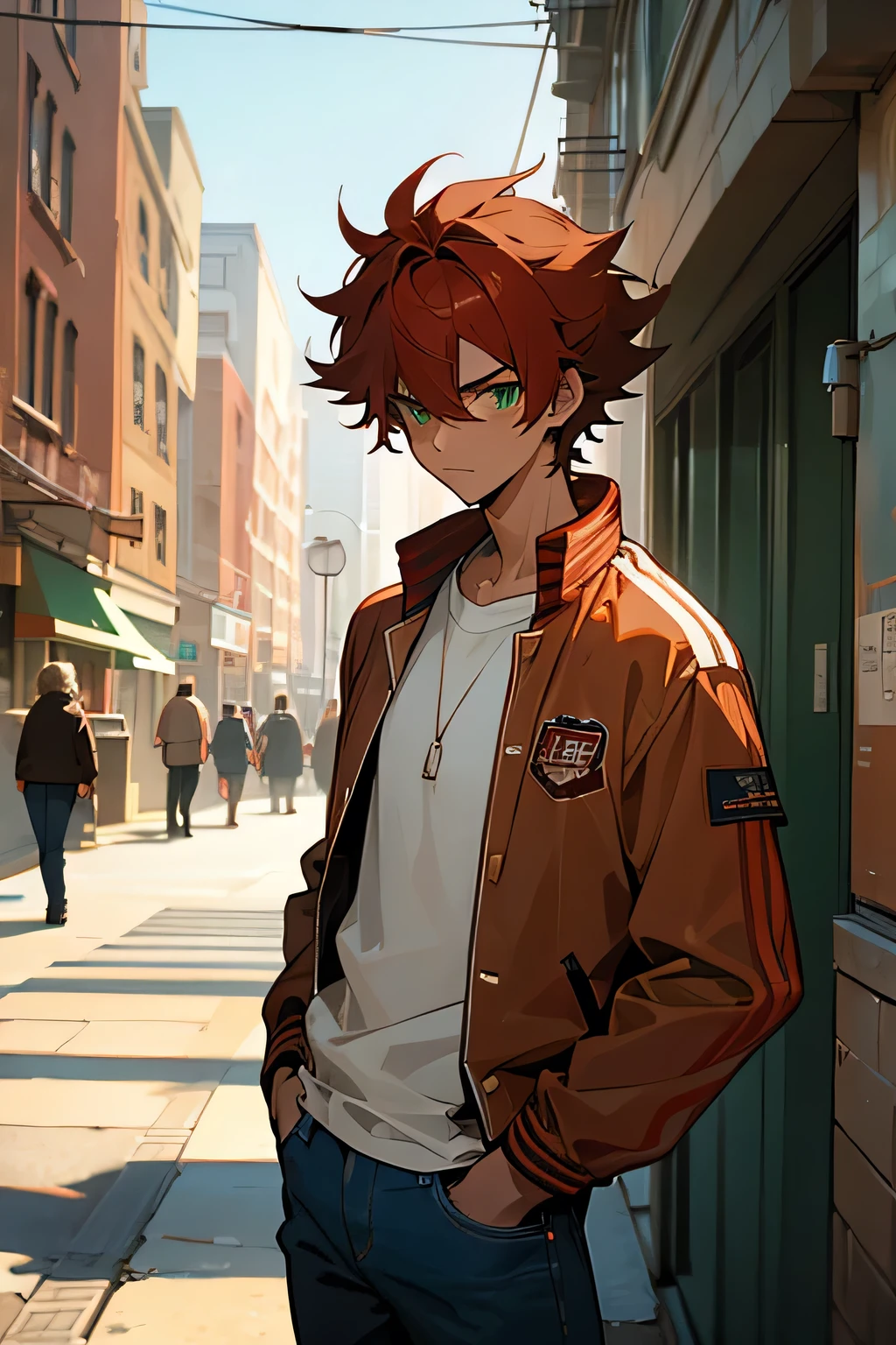 adult male, adult, tanned Skin , Messy Hair , Spiky Hair  , red Hair , green Eyes ,Brown Letterman Jacket , letterman, sports jacket, White T-Shirt , Blue Jeans , Modern City Background , Standing on Sidewalk , Calm Expression 