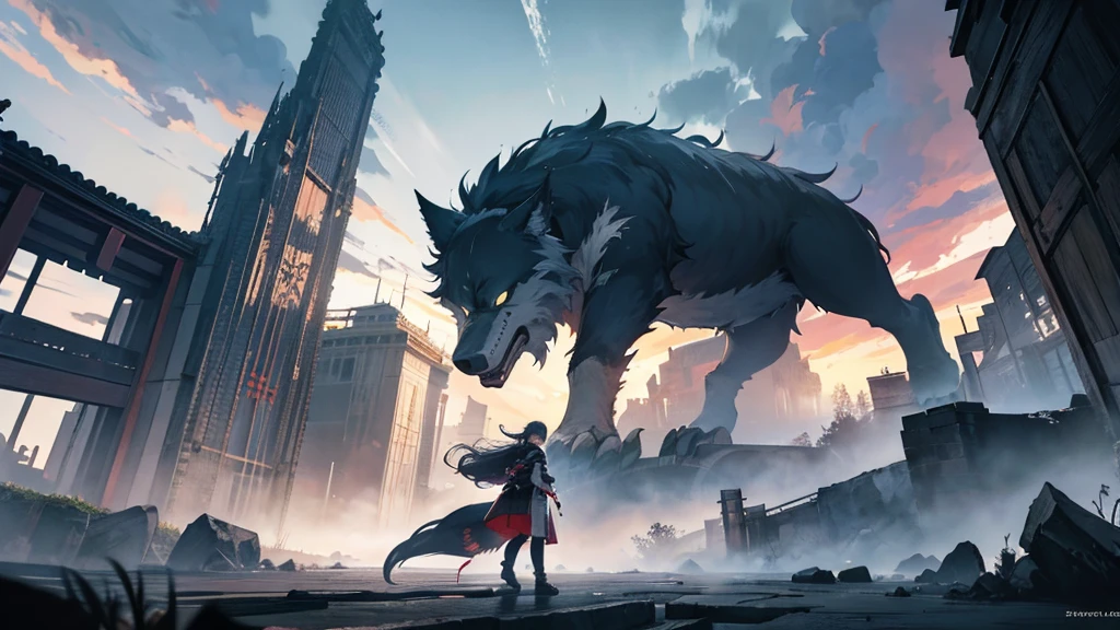 A girl with a giant wolf monster,A Broken World,Collapse,force,castle town,Japanese style