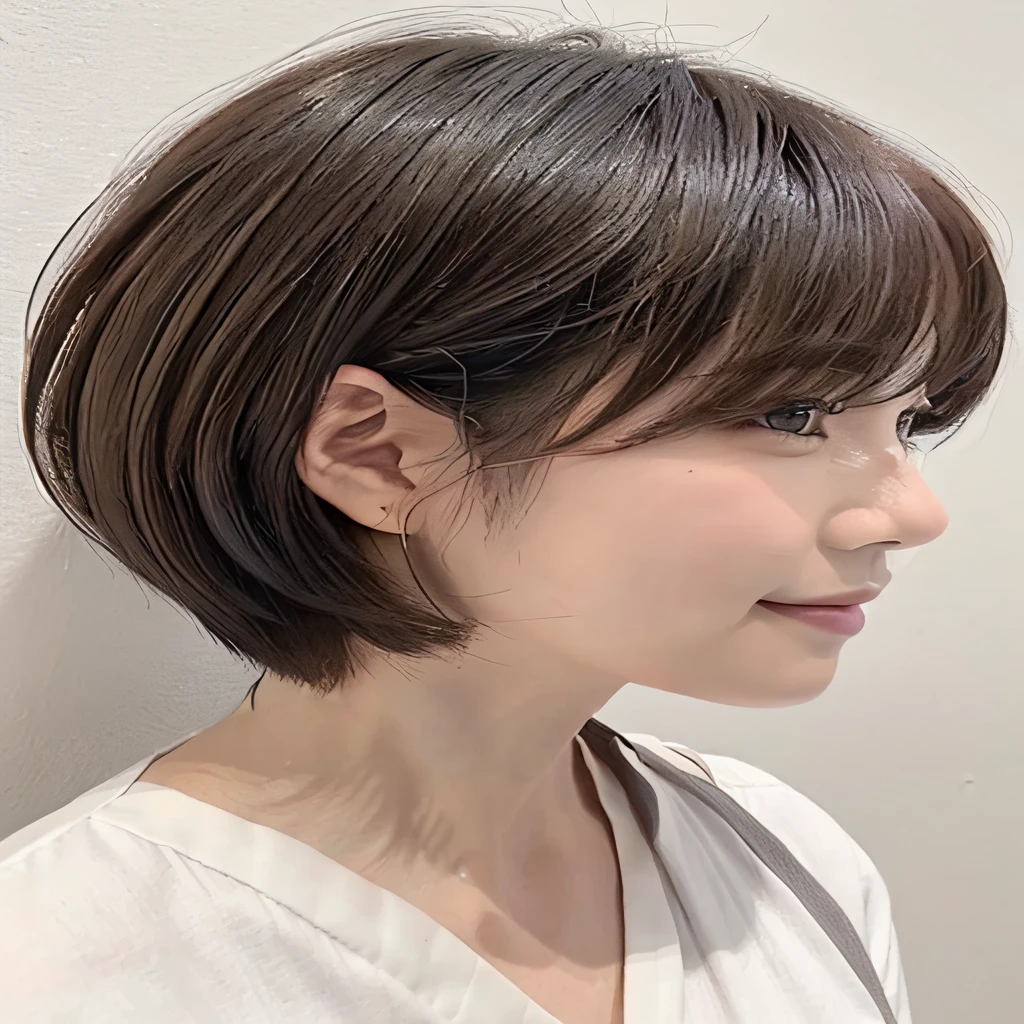 (short-hair:1.6)、(clean, Short hair:1.5)、Ear hook short、(Non-bouncing neckline:1.2)、The upper part of the body、 (1 Japan Woman:1.2)、With bangs、(tight shorthair:1.2)、hiquality、realphoto、(Shooting with iPhone 14 pro:1.1)、（(Plain light grey walls))、Photos that look like real people、(Grey white background:1.3)、tshirts、Fashionable clothes、Brown hair、sideways Facing、(profile:1.2)、(Face in the center of the photo:1.2)、(Take a step away:1.2)、(Beautiful eyes:1.1)、(A slight smil:1.1)、face angle(Face Angle Sideways))))、hair style、Beauty Salon、Korea Trends、