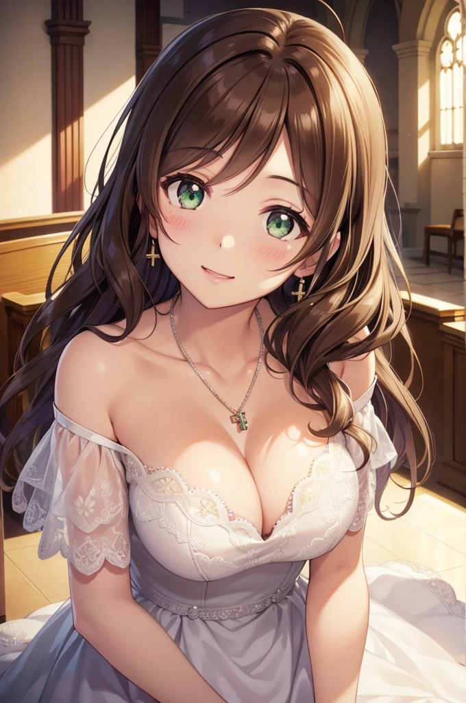 nozomitoujou, nozomi toujou, green eyes, brown hair, curly hair, breasts, masterpiece, best quality, high resolution, beautiful detailed eyes, extremely detailed face, good lighting, detailed CG, messy hair, glossy lips, light smile, necklace, pendant, earrings, jewelry, church, wedding dress, off the shoulder, bridesmaids