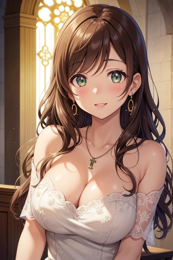 nozomitoujou, nozomi toujou, green eyes, brown hair, curly hair, breasts, masterpiece, best quality, high resolution, beautiful detailed eyes, extremely detailed face, good lighting, detailed CG, messy hair, glossy lips, light smile, necklace, pendant, earrings, jewelry, church, wedding dress, off the shoulder, bridesmaids