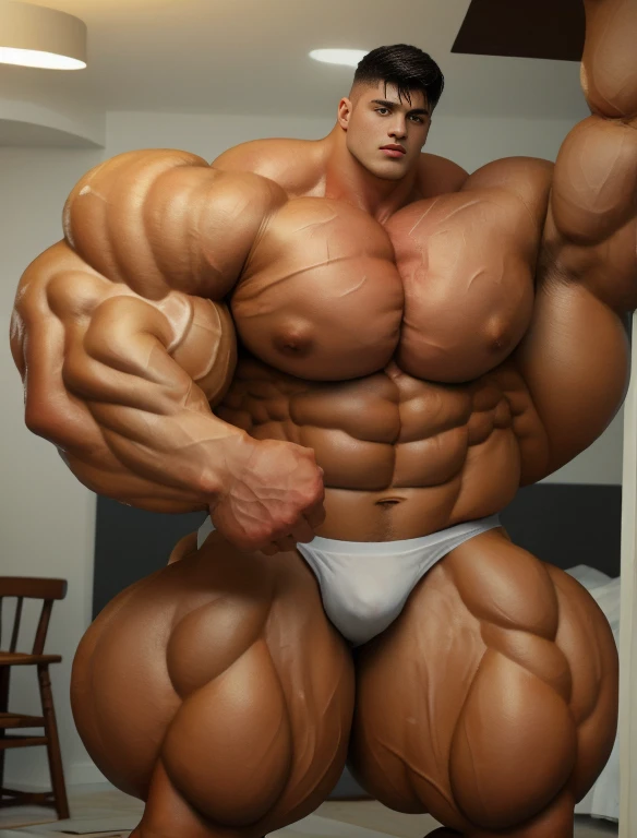 1boy, giant, model shoot style, staring, illuminating light, strong body, bulk, large size, sweaty & wet, right side armpit, at the white interior room, nude, white triangular underwear, prominent bulge, very big, brutalmass, giant, muscular body, bulk, massive body, large meaty body size,