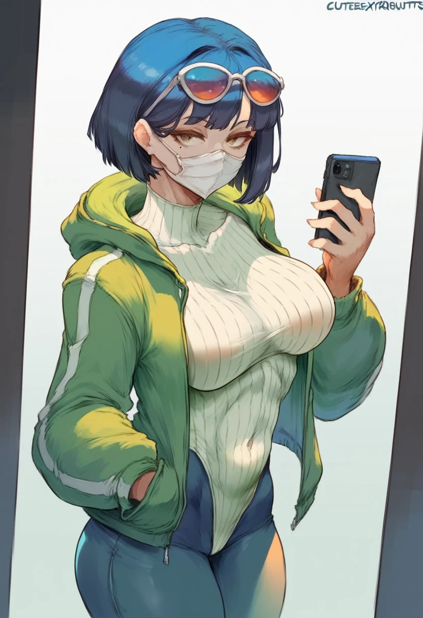 cutesexyrobutts style, 1girl, solo, mask, eyewear_on_head, phone, yellow_eyes, jacket, hair_over_one_eye, smartphone, short_hair, cellphone, mouth_mask, blue_hair, holding_phone, sunglasses, breasts, holding, looking_at_viewer, mole, mole_under_eye, simple_background, white_background, pants, green_jacket, v, leotard