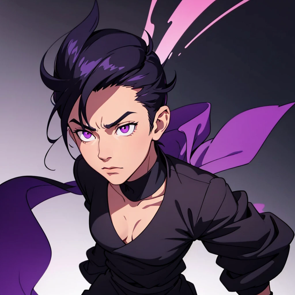 short black hair, highres, high resolution, masterpiece, wide purple eyes, talking, stoic, confident, masterpiece, best quality, highres, 1 man, Ghetto Suguru jujutsu kaisen, quiff haircut, straight pointy hair, spiked up at back, black hair, short hair, teenager, colorful hair, light background, full body, teenager, colorful parts, symbols, dark , bold, realistic mixing dark lines and loose lines, bold lines, on paper, human man, full body, intimidating pose, stylish outfit, dark theme, beautiful, pretty, modest, standing, male, sharp chin, high cheekbones, white background, highres, high resolution, masterpiece, looking straight