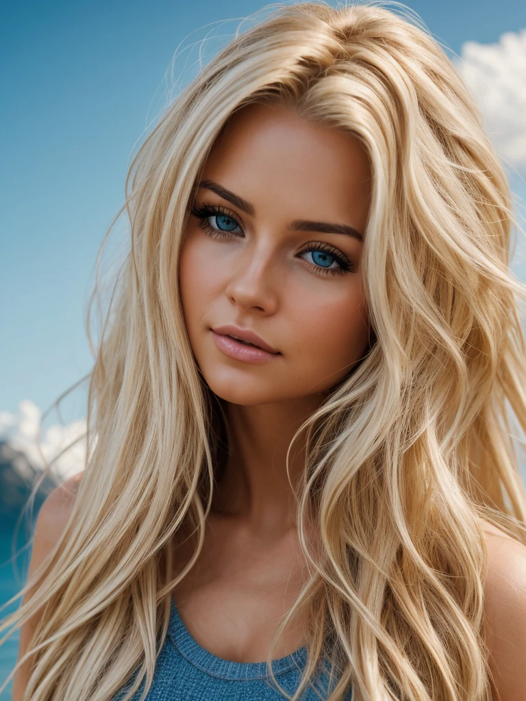 Photorealistic of a insanely beautiful woman with blonde windy messy hair, in the style of panasonic lumix s pro 50mm f/1.4, light beige and dark azure, celebrity images mashups, soft realism, barbiecore, unreal engine 5, 32k uhd, luminous quality, swiss realism, niji 5