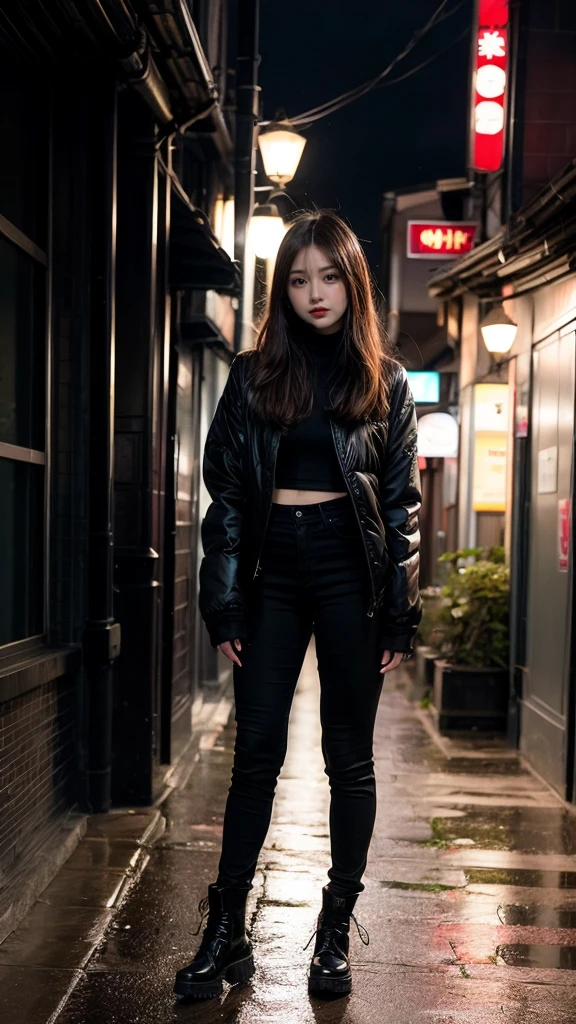 ulzzang-6500-v1.1, (RAW photo:1.2), (Photoreal), (genuine:1.4), 1 Japanese girl, warframe, complicated pattern,, energy line, faceless, shining eyes, elegant, intense, alone, modern, city, street, dark clouds, thunderstorm, heavy rain,, dramatic lighting,, (masterpiece:1.2), highest quality, High resolution,   beautiful, very detailed, perfect lighting, full body shot:1.15,  