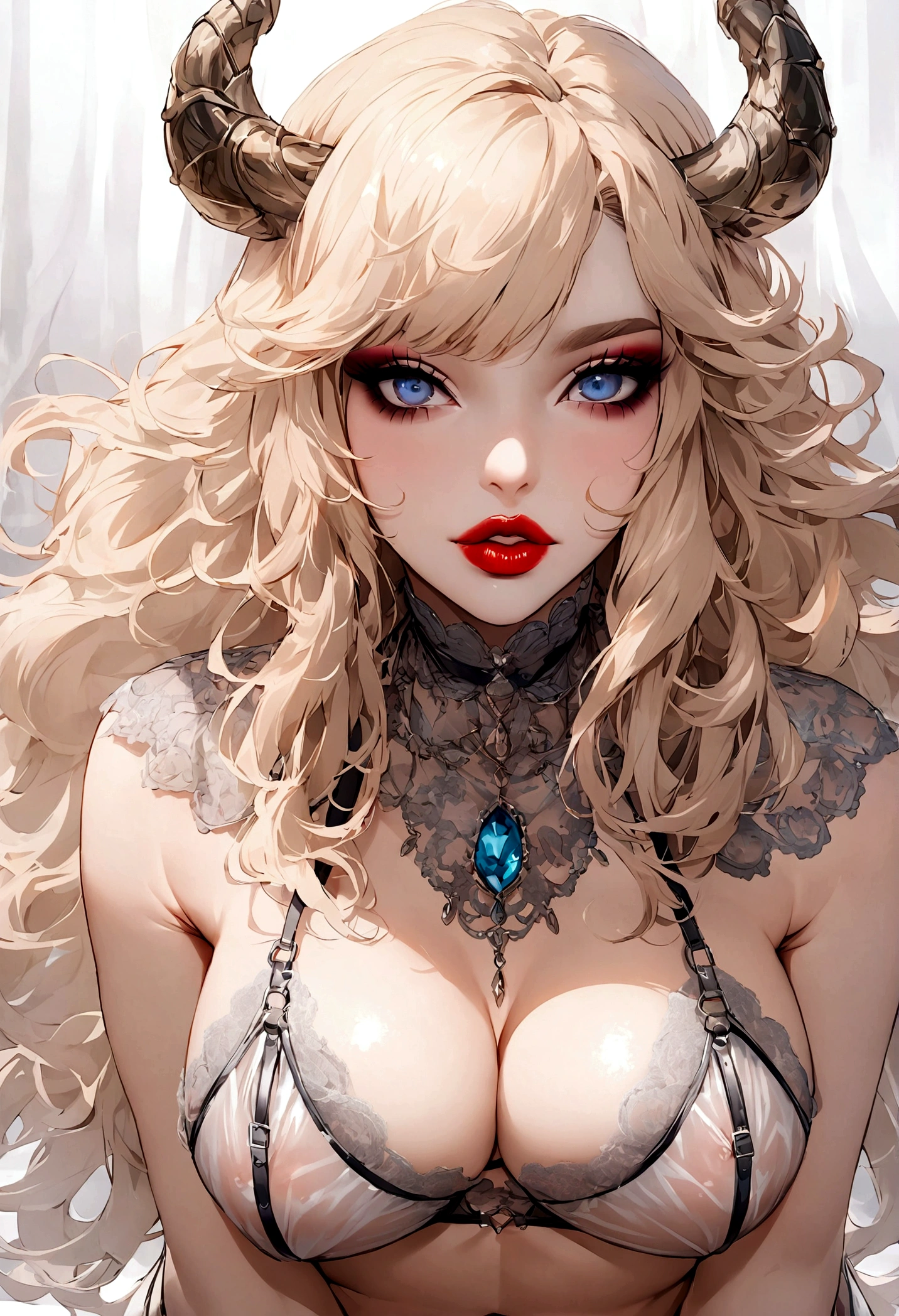 Create an image of the most stunningly gorgeous beautiful perfect sexy viking girl, high detailed sexy stunning face, perfect makeup, large lips, lipstick,beautiful perfect body, transparent bdsm lingerie , dutch hair,