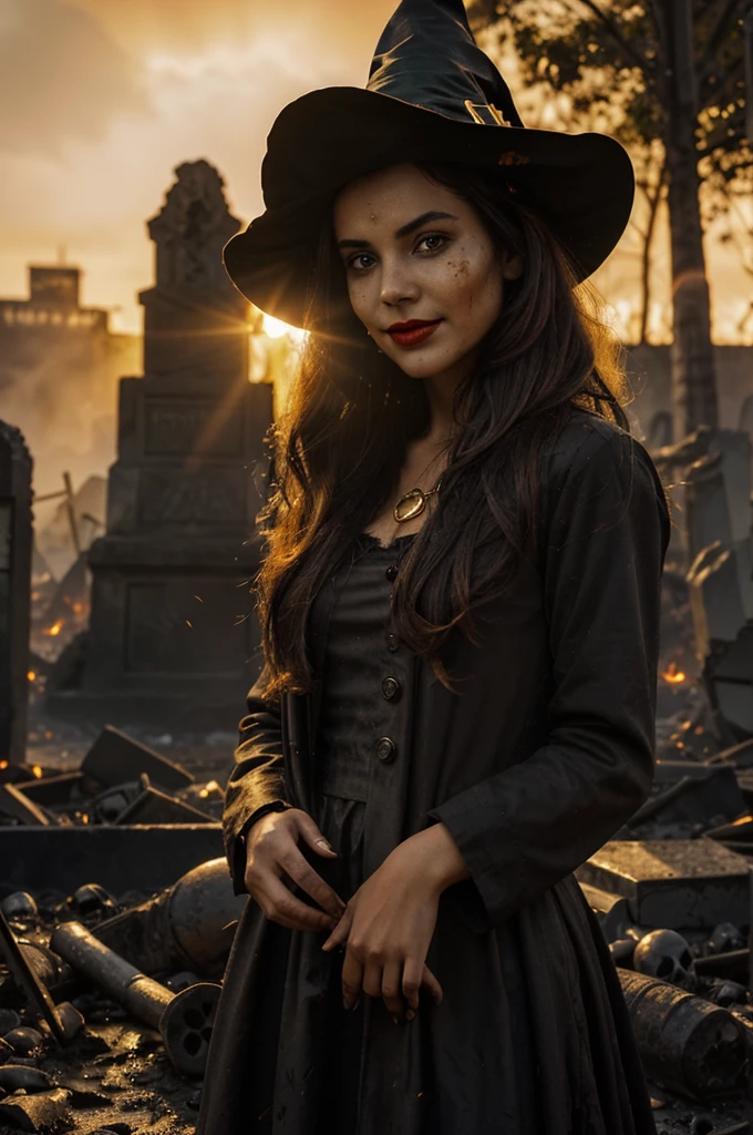 (witch girl FireFull:1.2), (young), Fire Skin, flame, (lava), close-up portrait, (standing), happy smile, (bright red fire:1.2), Red eyes, Red lips, (skeletons many skulls:1.2), ruins of the city, destroyed city buildings, burning houses, (Very detailed), Best quality, smoke, ashes, dump, garbage, tombs, crosses, cemetery, (fire explosions, Muddy puddle, dirt, sharp focus, grey sky, natural light, golden hour, backlight, Shadows, High Contrast, hdr, reflections,