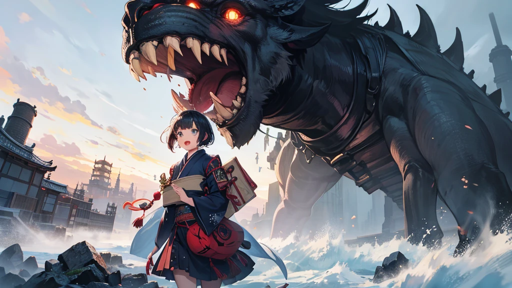 A girl carrying a giant monster with its mouth wide open,A Broken World,Collapse,force,castle town,Japanese style