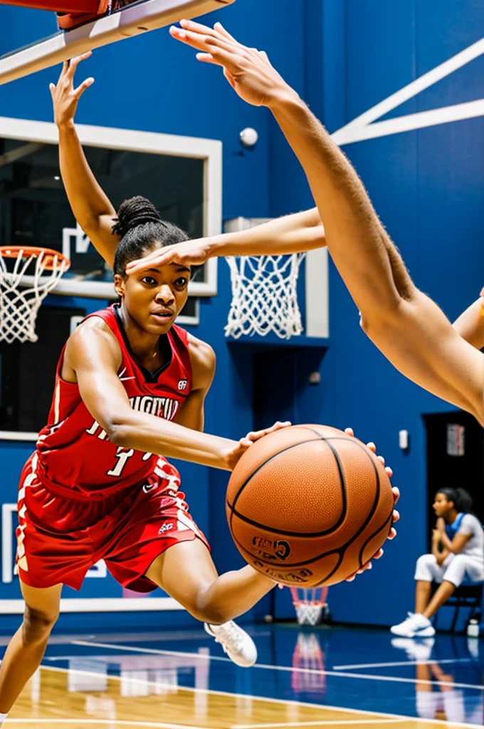 (Ball in the basketball ring), Hold up the ball with both hands, NBA basketball player, 1girl, Incredible jump, floating down from the basketball court, best quality, (masterpiece), hyper detailed, ultra high res, photorealistic, raw photo, absolutely resolution, ((aerial view)), hand focus, looking up at basketball ring,