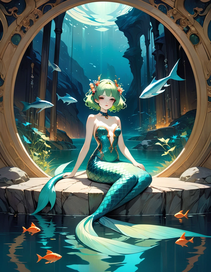 green hair, She is a mermaid with a long tail of fish and very beautiful, she is sitting cheerful and quiet, in the lake with an enclosed mountain, low and bright Darksynth aesthetic, minimalist background, gothic makeup, weird fashion photography, ultra detailed, masterpiece. night, God, full body, Decorative panels, Abstract artistic, Alphonse Mucha (tmasterpiece, Best quality, A high resolution: 1.4), A detailed, Complicated details,(art inspired by Bill Sienkiewicz) oil painting, details of brush strokes that enhance depth)