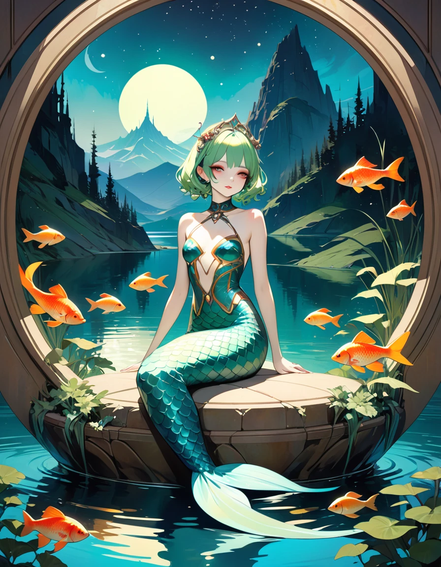 green hair, She is a mermaid with a long tail of fish and very beautiful, she is sitting cheerful and quiet, in the lake with an enclosed mountain, low and bright Darksynth aesthetic, minimalist background, gothic makeup, weird fashion photography, ultra detailed, masterpiece. night, God, full body， Decorative panels， Abstract artistic， Alphonse Mucha （tmasterpiece， Best quality， A high resolution： 1.4）， A detailed， Complicated details，(art inspired by Bill Sienkiewicz) oil painting, details of brush strokes that enhance depth)
