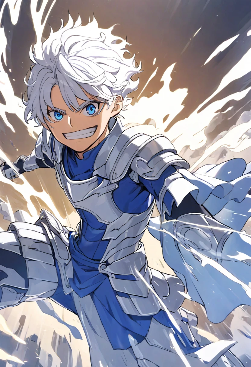 Young silver-haired man with blue eyes, wearing a strong sky blue armor, with silver boots, with an electric shadow of silver, blue rays behind him