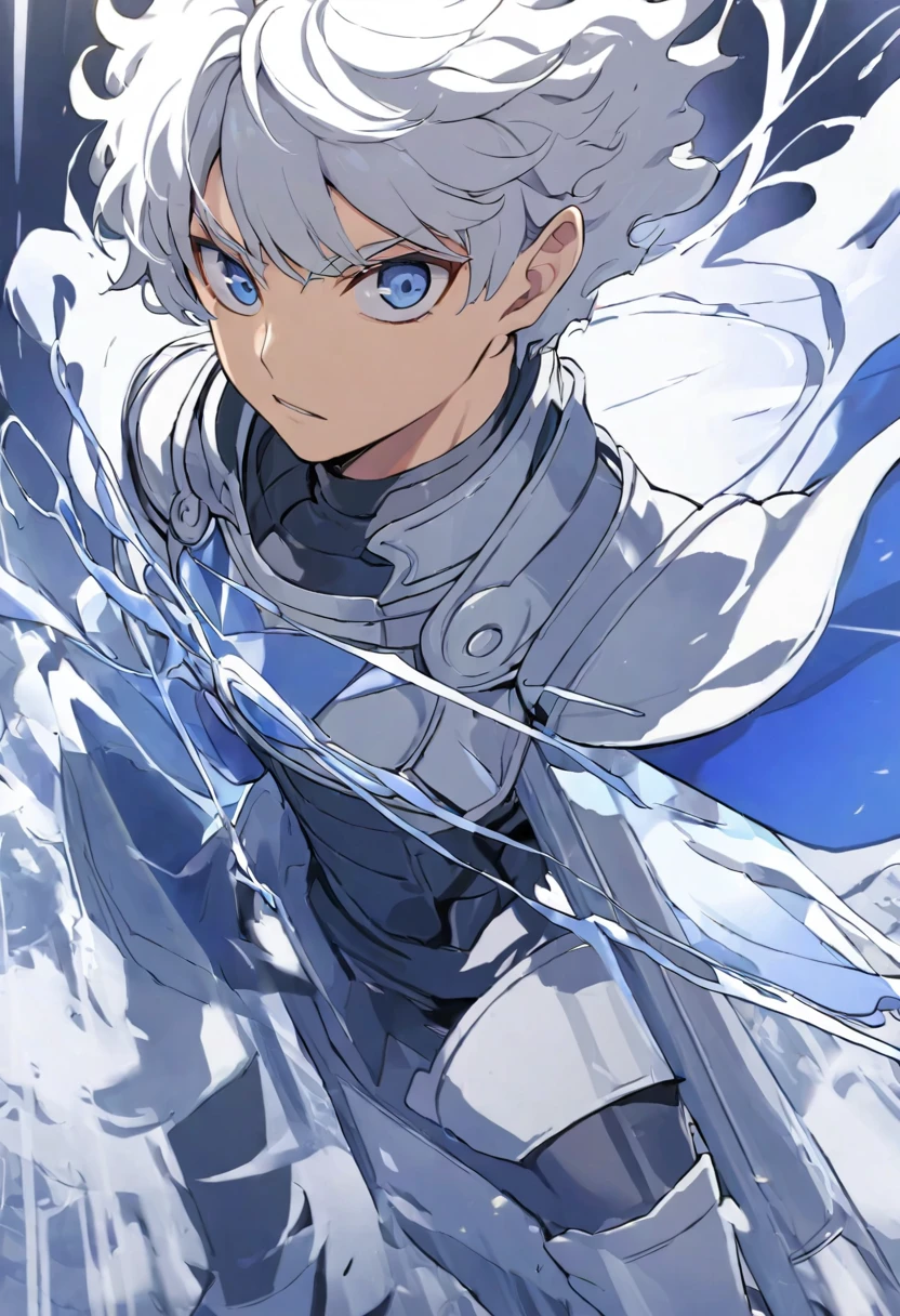 Young silver-haired man with blue eyes, wearing a strong sky blue armor, with silver boots, with an electric shadow of silver, blue rays behind him