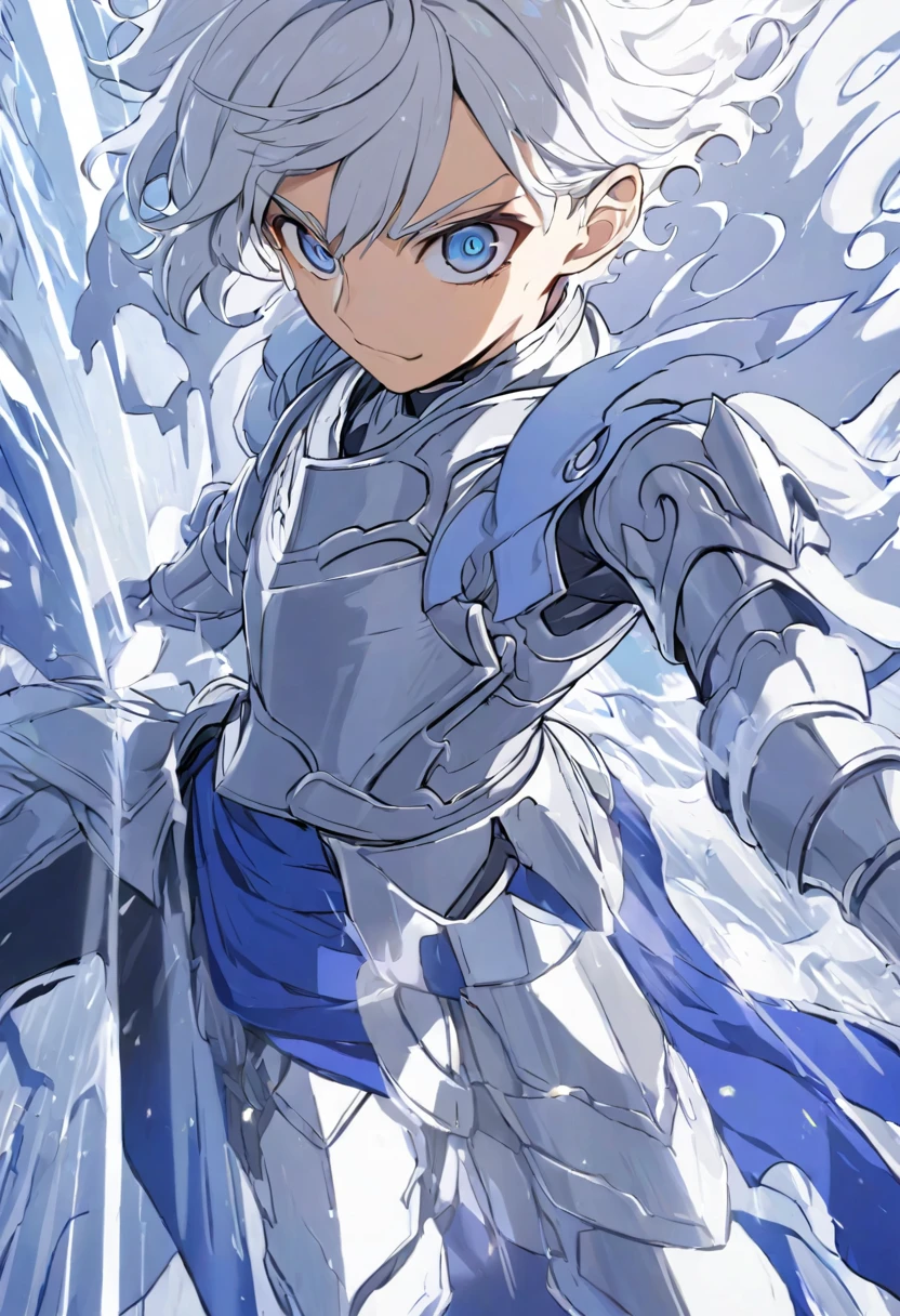 Young silver-haired man with blue eyes, wearing a strong sky blue armor, with silver boots, with an electric shadow of silver, blue rays behind him