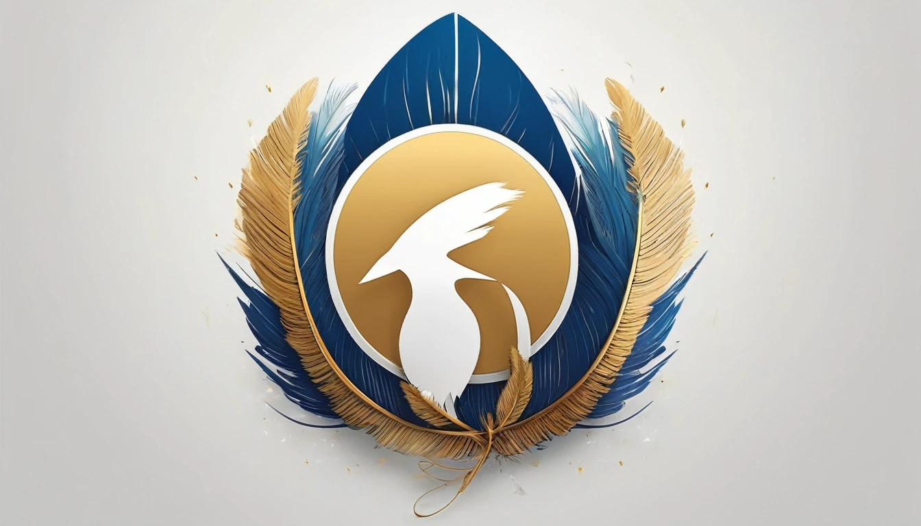 Create a flat vector, illustrative-style wordmark logo design for a storytelling and musical brand named 'Penamemoria'. The 'M' in 'Penamemoria' is transformed into a stylized feather, suggesting the brand's inspiration from fantasy birds. Use shades of blue, white and gold, evoking the imaginary and golden memories against a white background. Do not show any realistic photo detail shading. Include a boy playing acoustic guitar as the logo of the brand. Include also a modern, minimalistic symbol of a fantasy feather in the shape of a bird.