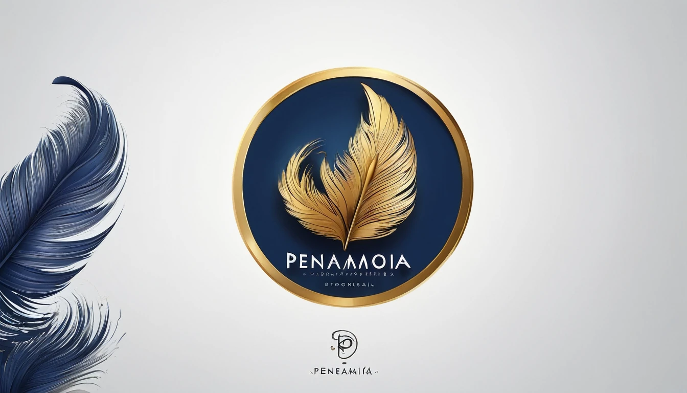 Create a flat vector, illustrative-style wordmark logo design for a storytelling and musical brand named 'Penamemoria'. The 'M' in 'Penamemoria' is transformed into a stylized feather, suggesting the brand's inspiration from fantasy birds. Use shades of blue, white and gold, evoking the imaginary and golden memories against a white background. Do not show any realistic photo detail shading. Include a boy playing acoustic guitar as the logo of the brand. Include also a modern, minimalistic symbol of a fantasy feather in the shape of a bird.