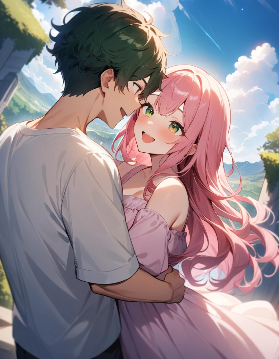 (couple), girl and boy, sky, rich in detail, embrace, happy expression, love, super wide angle, 1girl, (((masterpiece, best quality, scenery, aesthetic, heavenly))), ((girl with red eyes, vibrant pink long hair)), ((intimate)), 1boy, ((boy with green eyes, short black curly hair, slightly taller))
