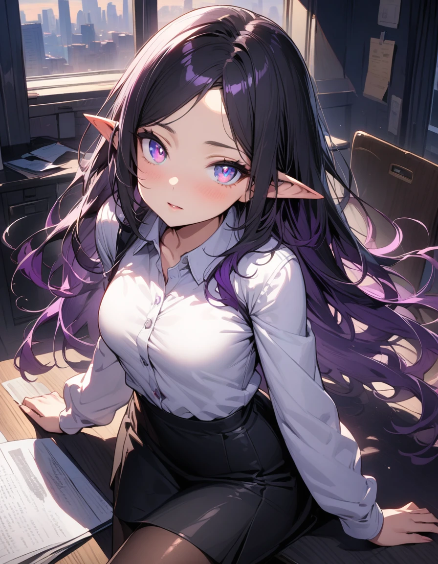 ((highest quality, masterpiece, ultra high definition, high resolution)), ((ultra-detailed illustrations:1.2)), 1 girl, solo, anime style, beautiful hair, parted bangs, loose hair, long hair, black hair, dark purple hair, multi colored hair, beautiful detailed eyes, beautiful detailed pupils, violet eyes, looking at viewer, pointed ears, mid-chest, white shirt, collared shirt, long sleeves, black mini skirt, pantyhose, shiny skin, shiny, indoor, office