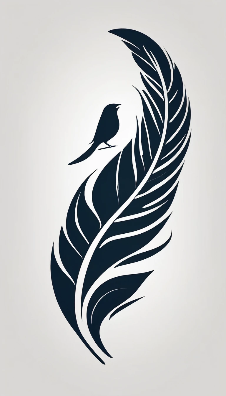 Create a cinematic, abstract symbol for a film production company based on stories and music. The logo should represent the companionship between a boy musician, A Storyteller Fantasy Bird and a Dreamy Feather. Minimalist symbol design
