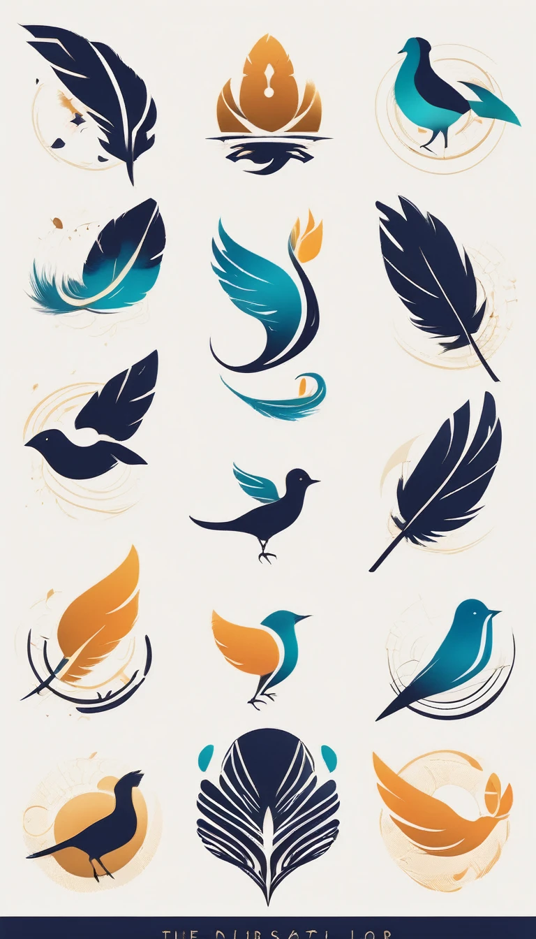 Create a cinematic, abstract symbol for a film production company based on stories and music. The logo should represent the companionship between a boy musician, A Storyteller Fantasy Bird and a Dreamy Feather. Minimalist symbol design