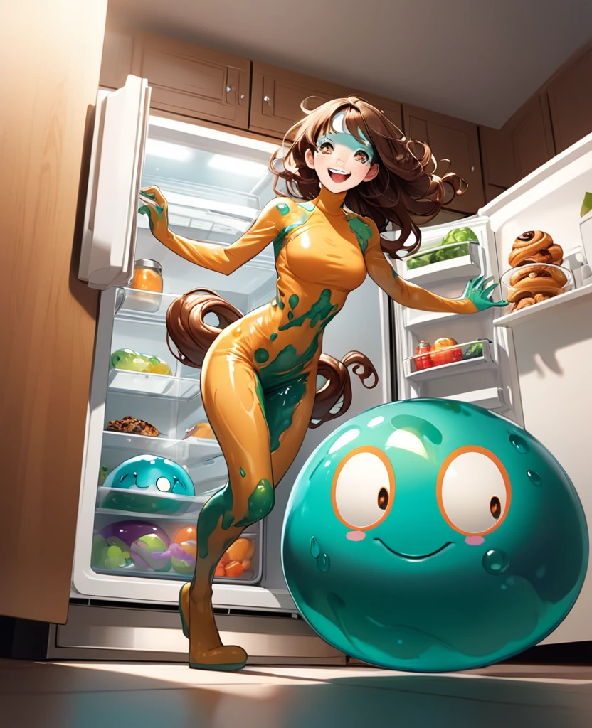 detailed illustration, dynamic angle, ultra-detailed, illustration, monster girl, transparent stomach, cinnamon bun inside her, slime girl, stepping out of refrigerator, open refrigerator door, kitchen, smiling, happy, excited, short slimy brown hair