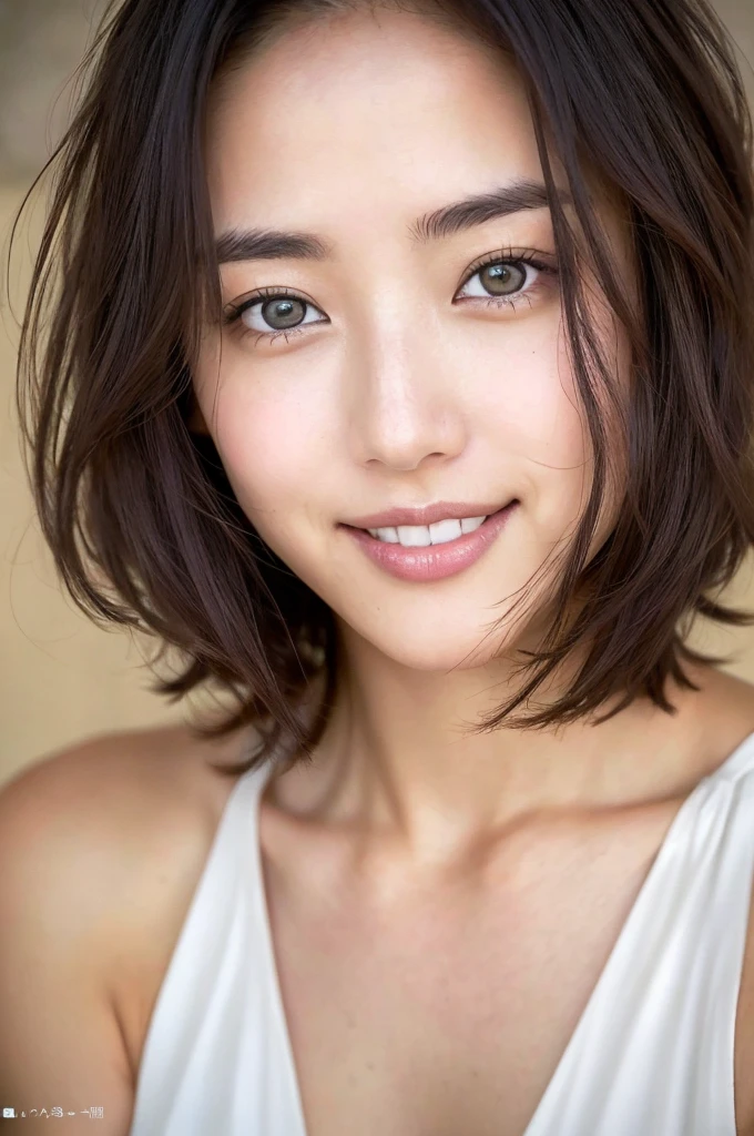 1 girl,(wearing colorful stage costume:1.2),very beautiful japanese idol portrait,close up of face,(RAW photo,best quality),(real,realistic:1.4),(masterpiece),very delicate and beautiful,very detailed,2k wallpaper,amazing,finely detailed,highly detailed CG Unity 8K wallpaper,very detailed,high resolution,soft light,beautiful detailed girl,very detailed eyes and face,beautiful refined nose,finely beautiful eyes,cinema lighting,(simple light color background:1.3),(short hair),(bob),full anatomy,slender body,small breasts,smiling,