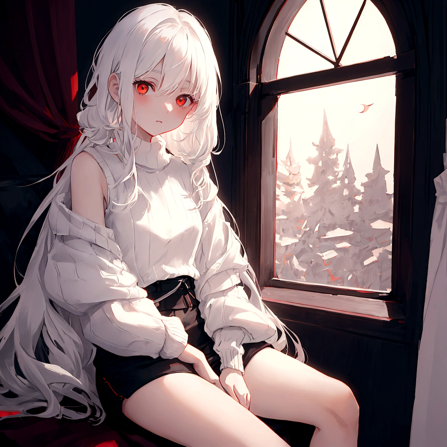 a young girl, shoulder length white hair, dark red eyes, wearing a fluffy white sweater and black shorts. she is sitting on an edge in a white room. there is a window in the room, the moon is shining through it.