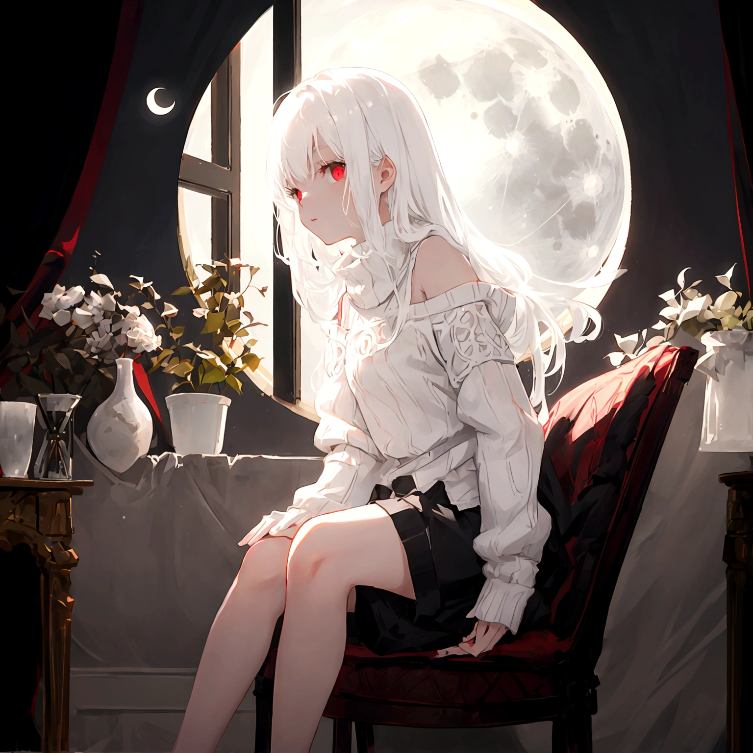 a young girl, shoulder length white hair, dark red eyes, wearing a fluffy white sweater and black shorts. she is sitting on an edge in a white room. there is a window in the room, the moon is shining through it.