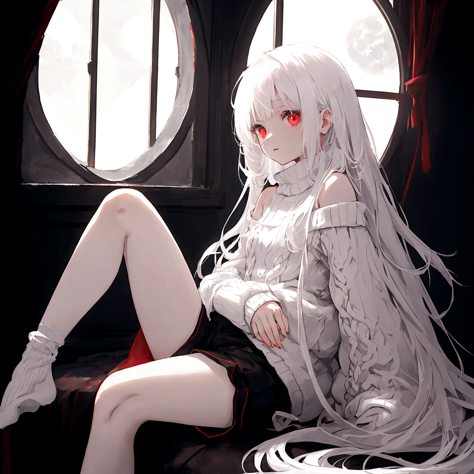 a young girl, shoulder length white hair, dark red eyes, wearing a fluffy white sweater and black shorts. she is sitting on an edge in a white room. there is a window in the room, the moon is shining through it.