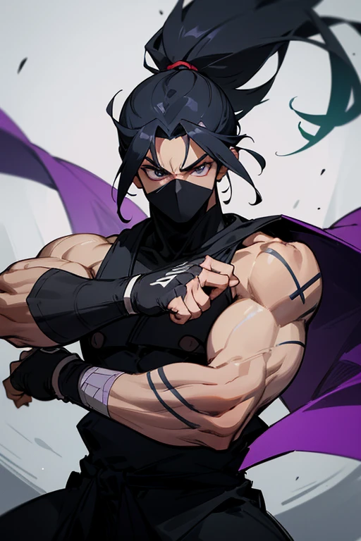 whole body A dynamic illustration of a male ninja character in a battle-ready pose. He is wearing a predominantly black ninja outfit with brown and gray accents. His upper body is wrapped in cloth, showing muscular arms with bandages around his hands. He holds a long katana sword with both hands. The character's head is covered with a black hood, leaving only his eyes visible. There is a tattoo on his left shoulder. The character is standing on a round platform with a purple and white checkered pattern. Black cloth strips flow behind him as if caught in the wind. The art style is cartoonish and anime-inspired, with bold lines and vibrant colors, giving the character a detailed and three-dimensional appearance.
