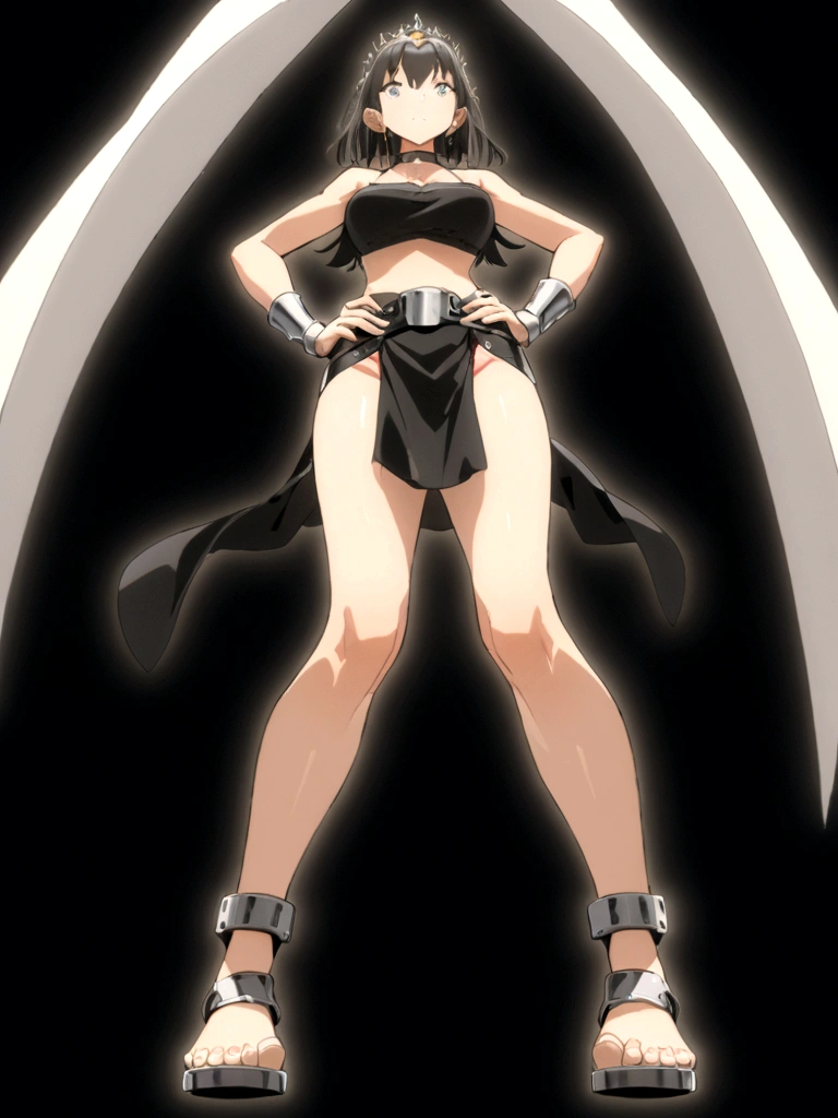 ((BLACK BACKGROUND,1:2, masterpiece)), full body MILF BIMBO standing with two long thighs and two metal sandals, full body, whole body, 1solo, loincloth standing, hands on hips, metal sandals, choker, big belt, view from below, feet together, bracers, tiara)