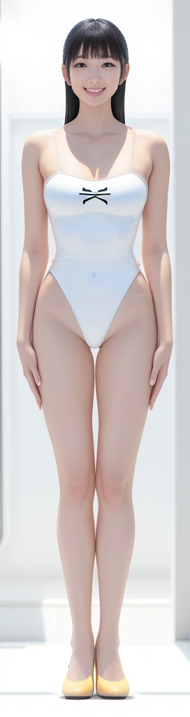 On a white background,A tall and beautiful Chinese girl,with fair skin,Toothy smile,A big smile,When you laugh, Your eyes are crescent-shaped,blunt bangs, long straight hair,Wear a one-piece swimsuit and pumps,Swimsuits are decorated with joyful patterns, Stand up straight,Stand upright,hands on sides,Symmetrical distribution,Ray tracing,All shaded areas,No windows, Soft lighting, Warm light, flood light, n, Studio light, 1.4x Realistic Ultra HD
