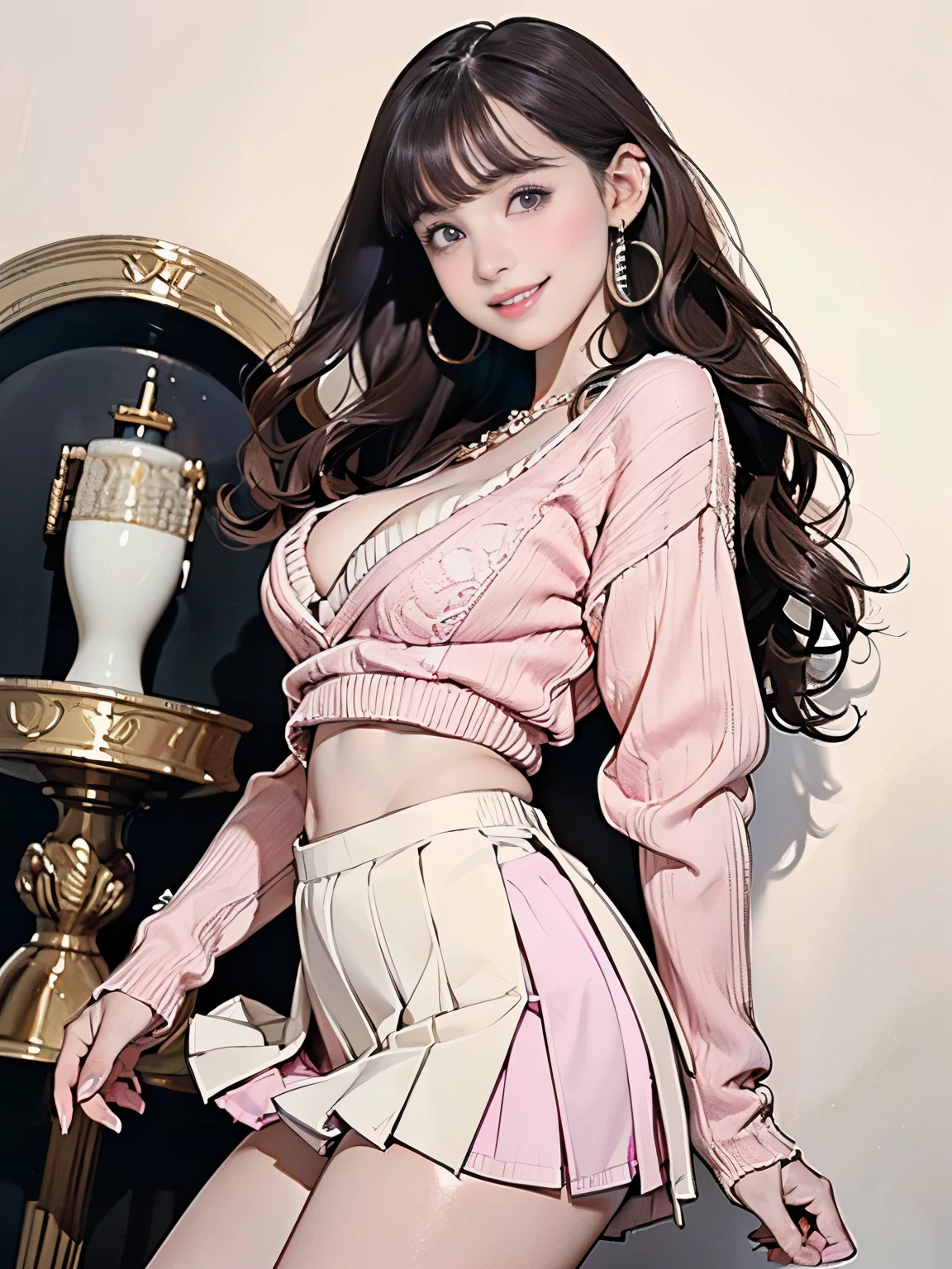 ((((highest quality))))、(((Ultra-precision CG16K wallpaper)))、(((masterpiece)))、(((Super detailed)))、(((Extreme detail)))、((１Mature 29 year old woman:1.6))、((Very beautiful Japan face of a person))、((Urizane Face:1.6))、((Medium One Curl Hair、blunt bangs:1.3))、(Shiny brown hair)、A delicately drawn beautiful face、eyeliner、Eyeshadow、High nose、Small nostrils、Small Mouth、Seductive lips、Beautiful breasts、((C cup size breasts))、Cleavage、Beautiful feet、eight-headed body、Perfect proportions、Perfect Anatomy、Perfect composition、Beautiful detailed shading、Beautiful, natural lighting、Beautiful detail glow、Depth of written boundary、(((High chroma)))、(((Real:1.9)))、((vivid:1.5))、((Beautiful Skin))、((Skin Texture))、((Realな皮膚感))、(((Cowboy Shot:1.6)))、((front view、shoot from front、front low angle:1.6))、(((smile:1.5)))、((The woman is looking at this、looking at viewer:1.6))、Bright daylight、Natural light、(((shrine、Domestic:1.5)))、(((Pink ivory knit sweater&Low-rise pleated mini skirt:1.6)))、((necklace、Wearing earrings:1.5))、((Knee socks clothing:1.3))、